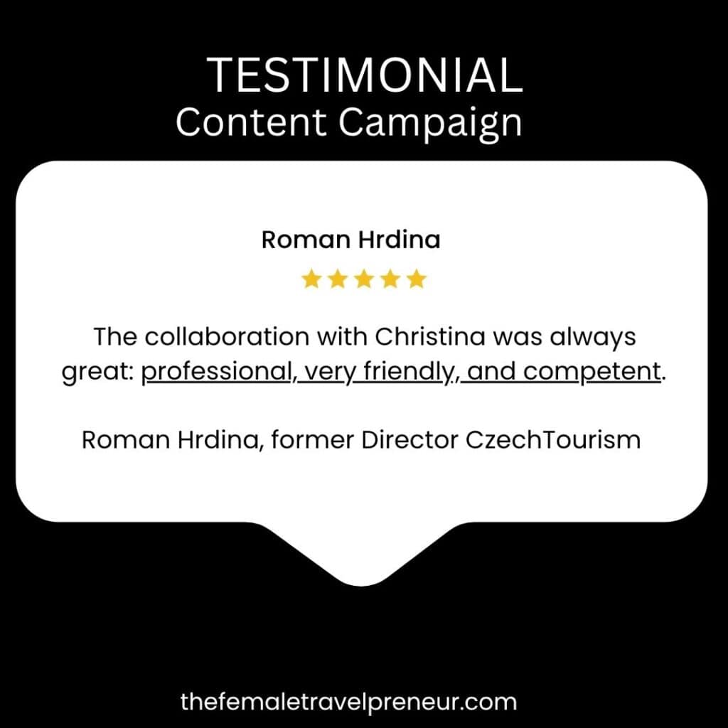 A testimonial from a director of Czech Republic about a content campaign which Christina delivered in a professional, friendly, and competent way.