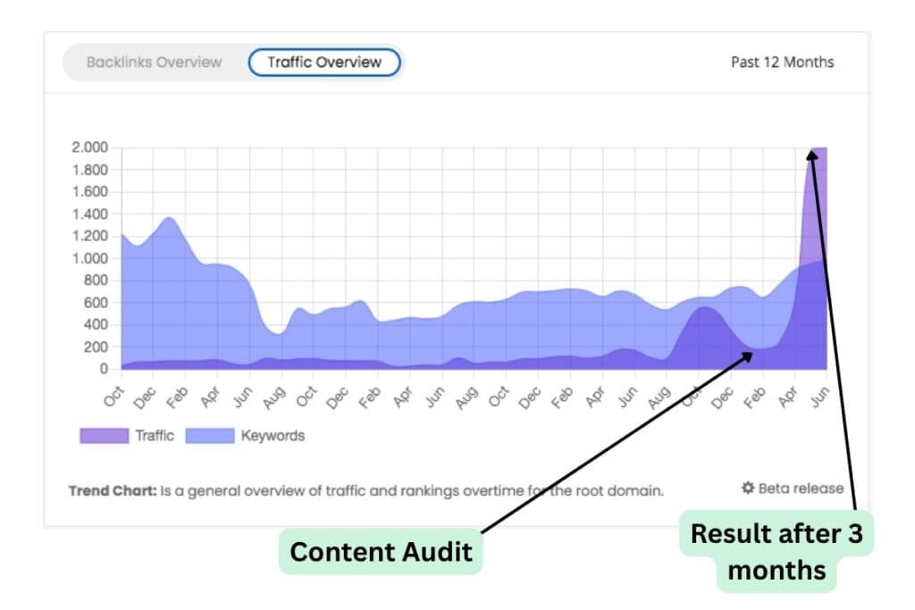 graph showing an increase of traffic by 10x after three months of doing a content audit